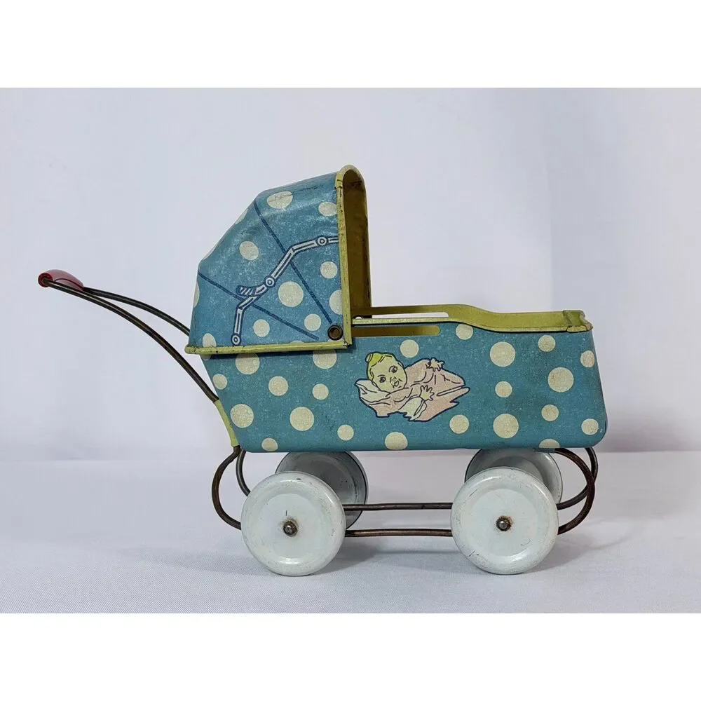 Antique Vintage Wyandotte Tin Litho Doll Buggy Pram Carriage 1940 Baby Blue Pink